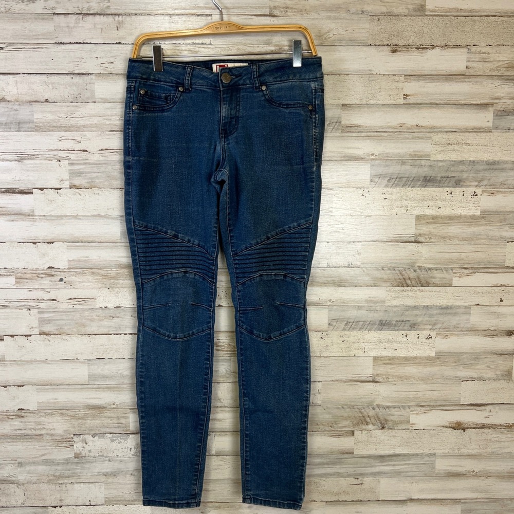 LEI Emma Moto Jeggings Skinny Jeans Jrs. 9 Regular Blue Denim Ribbed Knee Edgy